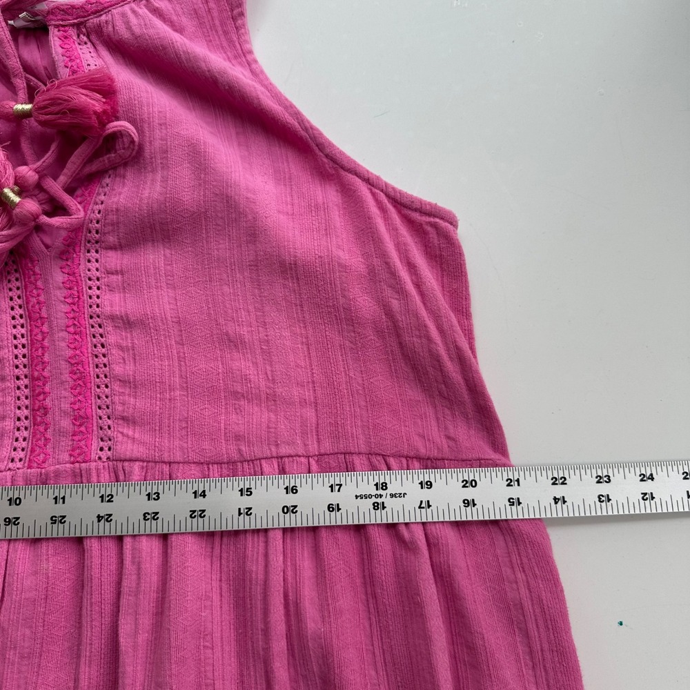 Tommy Bahama Pink Cotton Double Gauze Tiered Dress Womens L Tassel Pockets Mini - Picture 7 of 9